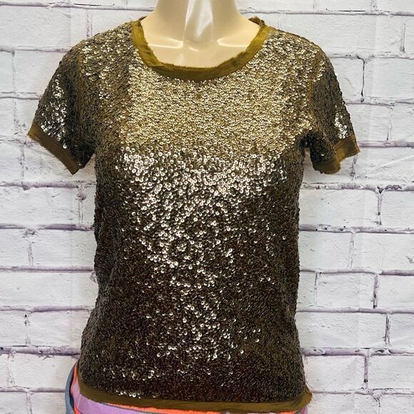 J. Crew Womens Brown Silk Blend Sequin Crew Neck Short Sleeves T-Shirt Size XS - Picture 1 of 6